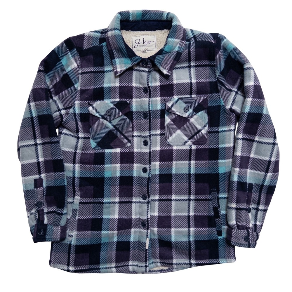 Soho‎ Threads Jacket Womens Small Plaid Sherpa Lined Button Up Fleece
